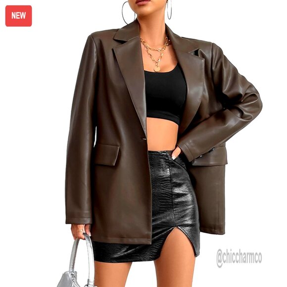 Jackets & Blazers - Faux Leather Blazer Jacket Moto Biker Coat Long Sleeves Button Slim Fit